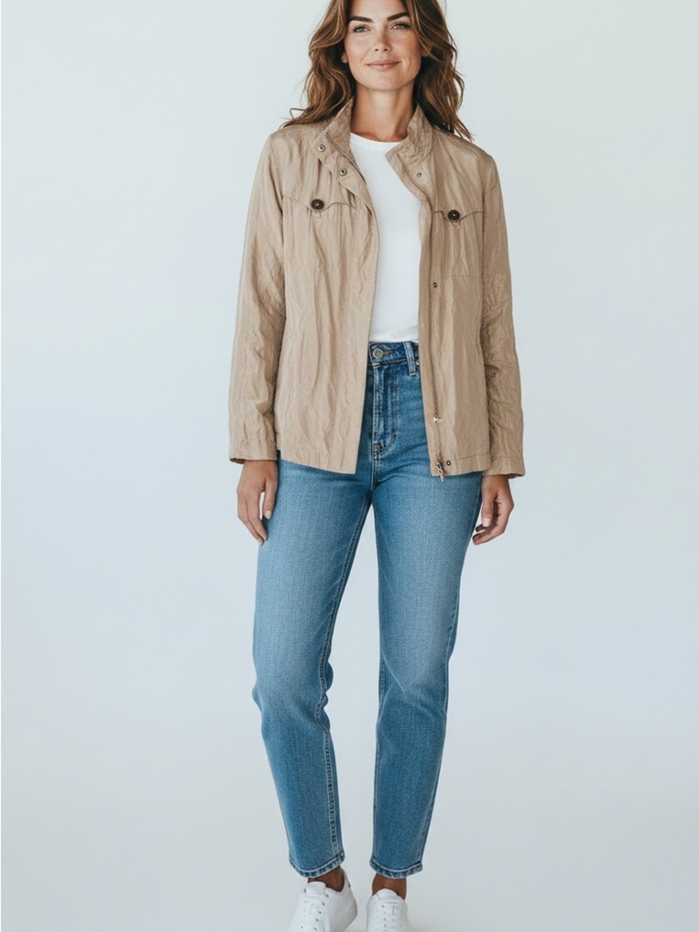 Chico's Lightweight Gold Taupe Utility Bomber Jacket Size 3 - Picture 3 of 9